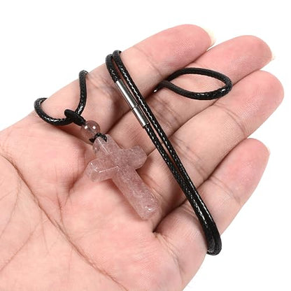 Justinstones Natural Gemstone Carved Cross Reiki Chakra Pendant Necklace 22 Inch - color: 30mm Strawberry Quartz