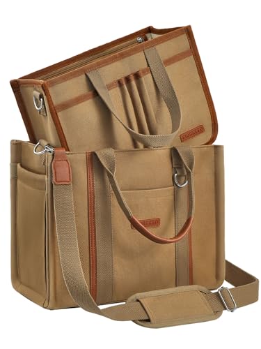 FIORETTO Women’s Canvas Tote Bag Purse with Zipper, Multi Compartment & Reinforced Bottom, Ideal for Work, Bible, Travel - color: Brown, size: Large, style: Detachable Organizer