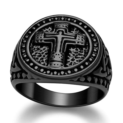 Christian Cross Rings for Men - Stainless Steel Jesus Jewelry with Celtic Knot Sides (Gold/Black/Silver) - Catholic Religious Gift, Size 7-13 - color: E-Black-Jesus