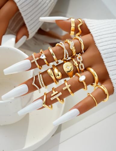 Gold Stackable Rings Set for Women, Gold Plated Chunky Crystal Finger Rings - color: Gold CZ