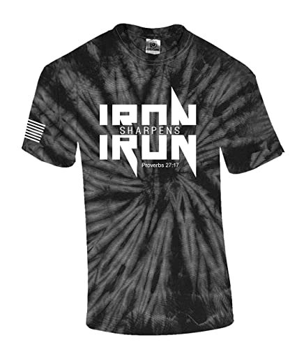 Iron Sharpens Iron Proverbs 27:17 Heavy Metal Logo Bible Scripture Mens Christian Tshirt Jesus Cross Short Sleeve Graphic Tee - color: Black Tie Dye, size: X-Large