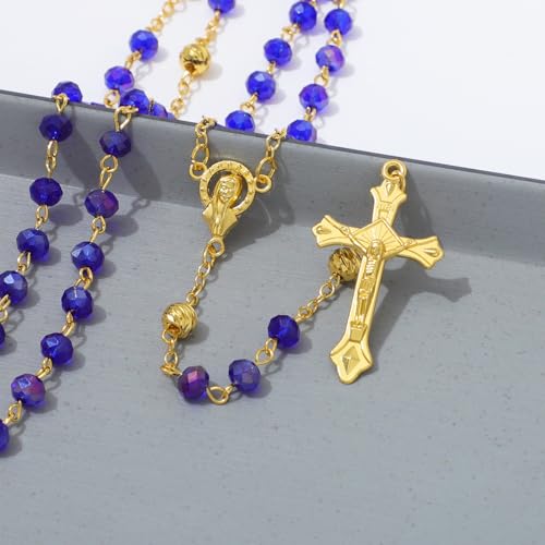 KOMI Crystal Rosary Beads with Jesus Crucifix, Catholic Necklace for Women First Communion Rosarios Wedding Rosary with Velvet Bag - style: 6MM-blue-2