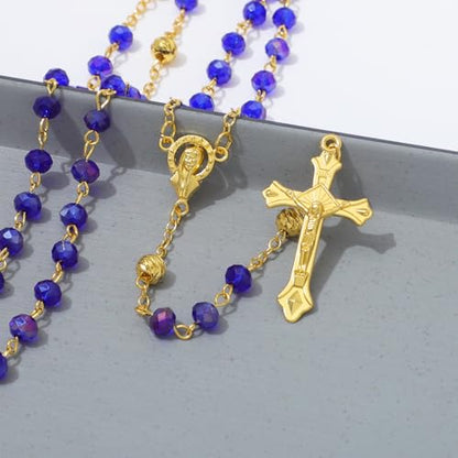 KOMI Crystal Rosary Beads with Jesus Crucifix, Catholic Necklace for Women First Communion Rosarios Wedding Rosary with Velvet Bag - style: 6MM-blue-2