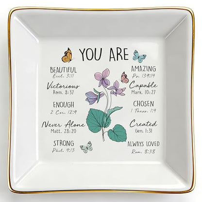 PUDDING CABIN Birthday Gifts for Women, Violet Scripture Jewelry Dish, Christian Gifts - style: Violet: Faithfulness, Wisdom, Hope(February Birth Flower )