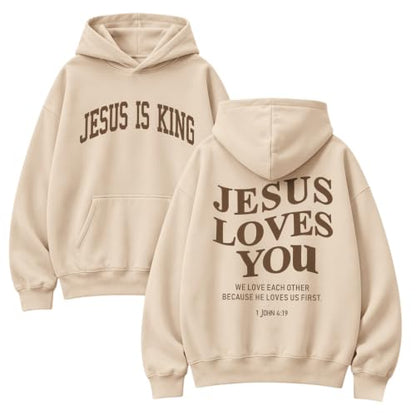 Wrenpies Christian Jesus Love You Hoodie for Men Jesus Is King Faith Religious Bible Verse Hoodies Graphic Fleece Sweatshirt - color: Apricot, size: Medium