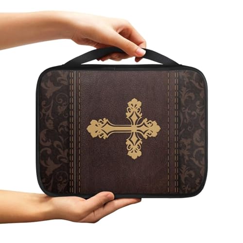 Cross Print Bible Cover for Women Men,Brown Bible Case,Lightweight Bible Bag with Handle - color: Cross-brown