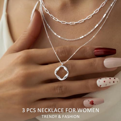 Poxtex Layered Gold Necklaces for Women, Stackable Dainty 14K Gold Silver Plated Trendy Simple Heart Diamond Cross Bow Circle Pendant Paperclip Choker Dot Chain Necklace,Jewelry Set Gifts for Women - color: Silver, style: Circle1