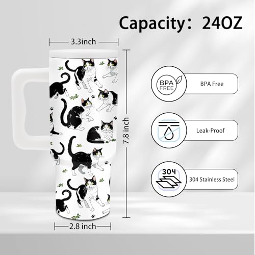 24oz Cat Tumbler with Handle & Straw, Gifts For Tuxedo Cat Lovers - color: Cat6