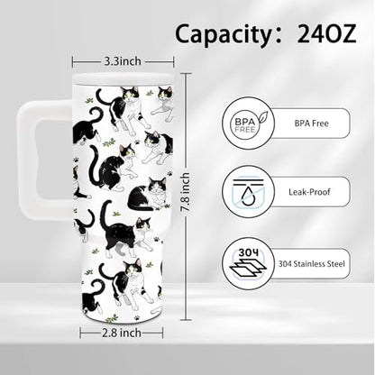 24oz Cat Tumbler with Handle & Straw, Gifts For Tuxedo Cat Lovers - color: Cat6