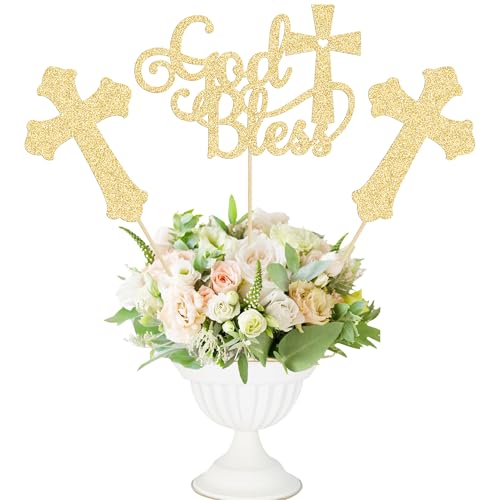 Gyufise 12Pcs God Bless and Cross Centerpiece Sticks Double Sided Cross God Bless Table Flower Centerpieces Sticks First Communion Baptism Decorations for God Bless Theme Party Supplies Gold - color: Gold