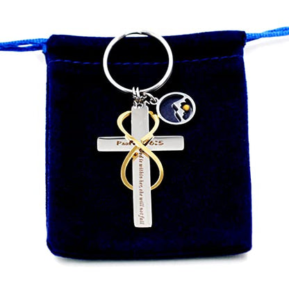 Uloveido Stainless Cross Infinity Keychain Mustard Seed Charms Psalm 46:5 Christian Bible Quote Keyring Baptism Gift - style: Round Mountain