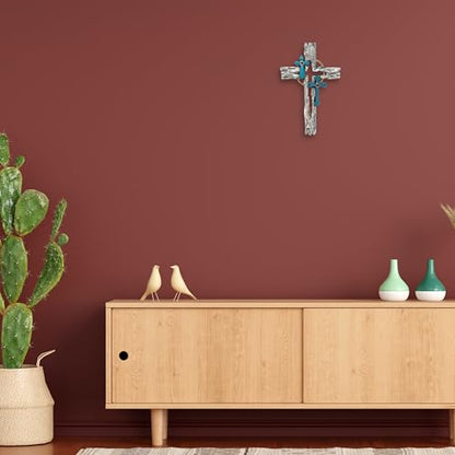 Layered Faux Driftwood Cutout Wall Cross - Resin Rustic Turquoise Crucifix