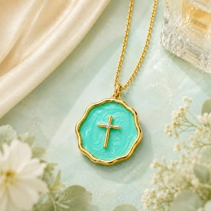 Enamel Cross Necklace for Women 18K Gold Plated Christian Pendant - color: Green
