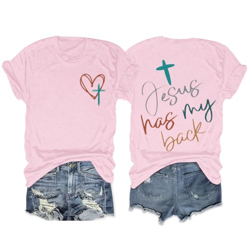 Tuislay Christian Shirts for Women Jesus Has My Back Tshirt God Bible Verse Shirt Faith Cross T Shirts Inspirational Tees Top - color: Pink, size: Medium