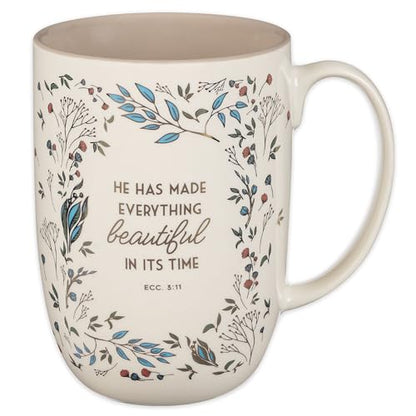 Christian Art Gifts Large Women's Ceramic Coffee Bible Verse Mug - color: White & Taupe Floral/Everything Beautiful