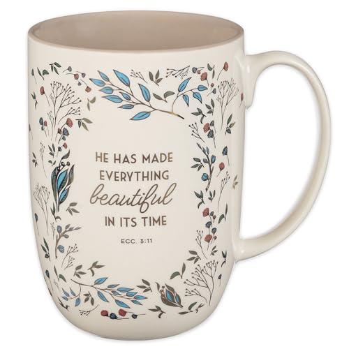 Christian Art Gifts Large Women's Ceramic Coffee Bible Verse Mug - color: White & Taupe Floral/Everything Beautiful
