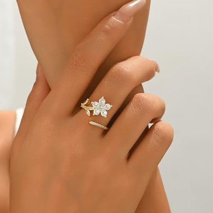 18K Gold Plated Cubic Zirconia Adjustable Open Rings for Women - color: Flower CZ