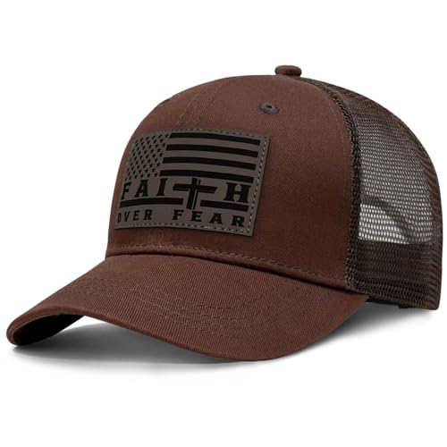 Faith Over Fear Christian Hats for Men Women, American Flag Trucker Hat, Religious Gifts for Thanksgiving Christmas - color: Brown