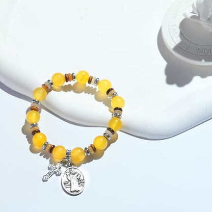 Rosary for Men Women, Natural Stone Beads with St. Benedict Bracelet - color: Yellow