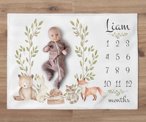 Bear Milestone Blanket, Custom Woodland Throw, Personalized Forest Animals Baby Boy Month Mat, Newborn Gift, Woodland - color: Forest Blanket #5