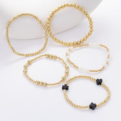 Gold Beaded Pearl Cross Bracelets Stackable Christian Stretch Jewelry Set - color: Black