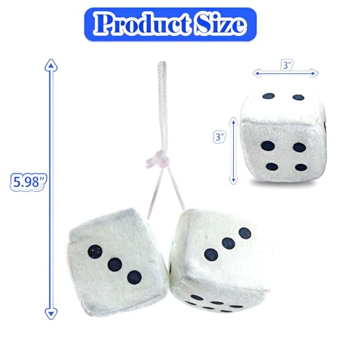 Fuzzy Dice for Car 2.75” White Plush Car Dice Classic Vintage Fuzzy Dice for Rear View Mirror Automotive Interior Accessories (White) - color: White