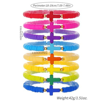 Caiyao 8Pcs Cross Bracelets Bohemian Rainbow Polymer Clay Cross Stretch Bracelets Colorful Stackable Cross Beads Elastic Bracelet for Women Summer Beach Friendship Jewelry Gifts - color: Set B