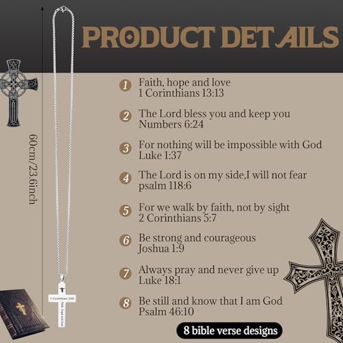 Ecally 8 Pcs Christian Cross Necklace for Men Father Religious Black Silver Stainless Steel Cross Church Gift USA Flag Chain - color: Silver