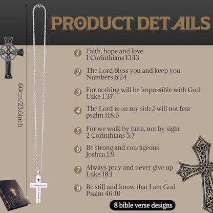 Ecally 8 Pcs Christian Cross Necklace for Men Father Religious Black Silver Stainless Steel Cross Church Gift USA Flag Chain - color: Silver
