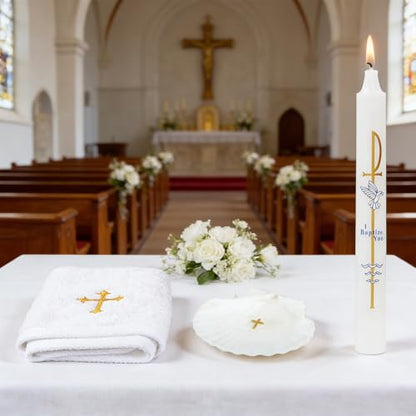 Baptism Candle Set for Boy Girls - Baptism Kit Include Baptismal Candles, Towel and Shell. Vela para Bautizo, Christening Set Velas para Bautizo De Niño Baptismal Kit Gifts (Gold) - color: Gold