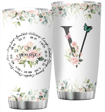 Personalized Initial V Tumbler 20oz, Monogrammed Gift for Women Birthday Mothers Day Religious Gift, Personalized Christian Gift for Women Initial Coffee Mug - style: Initial V cup