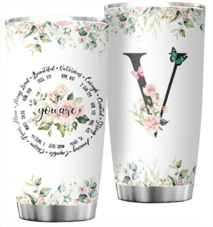 Personalized Initial V Tumbler 20oz, Monogrammed Gift for Women Birthday Mothers Day Religious Gift, Personalized Christian Gift for Women Initial Coffee Mug - style: Initial V cup
