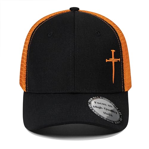 Christian Hats for Men Women,Jesus 3 Nail Cross Hat Christian Religious Gifts for Birthday/Christmas,Black and Silver - color: 08.black-orange