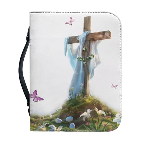 Cross & Butterfly Print PU Leather Bible Case for Women Girls Bible Carrying Case with Top Handle - color: Cross & Butterfly, size: 2X-Large
