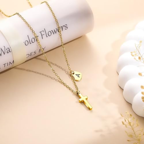 Tiny Cross Necklace for Kids Girls, Initial A-Z , Birthstone Cross Gifts - color: Yellow Color, style: L