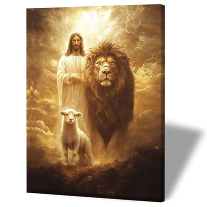 RJETZMU Jesus Lion and Lamb Christian Canvas Art, Gallery Wrapped, 12x16 - color: Golden Jesus, size: 16"L x 12"W