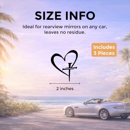 Christian Cross Heart Car Mirror Decal 3 Pack, Faith Rearview Mirror Stickers for Cars, Waterproof Vinyl Decals, Religious Car Accessories, Gift Cute for Women & Men