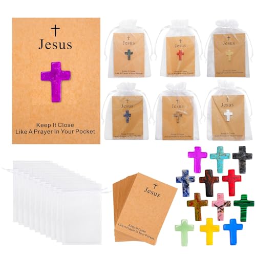 100 Pack Cross Crystal Stone Bulk Set with Greeting Cards & Gift Bags, Natural Crystal Pocket Hug Tokens, Religious Keepsake Gifts for Friends, Family, Bible Study Group