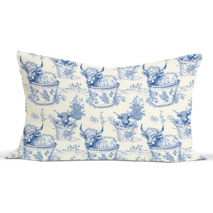 Highland Cow Throw Pillow Covers 12x20 Inch, Blue and White Floral - color: Cow
