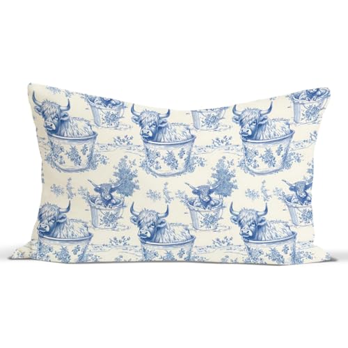 Highland Cow Throw Pillow Covers 12x20 Inch, Blue and White Floral - color: Cow