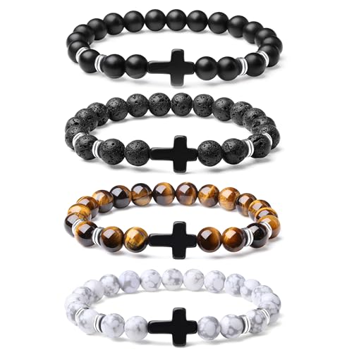 Mens Beaded Bracelets, 8MM Beaded Bracelets for Men, Natural Tiger Eye Bead Bracelet, Stretch Elastic Beads Bracelets for Men - color: volcanic yellow white black