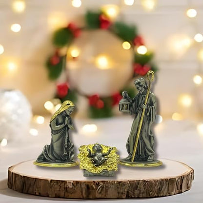 Metal Nativity 3-Piece Holy Family Gold Pewter 4.5in