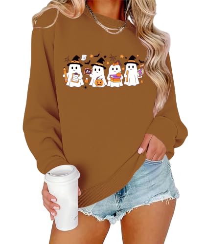 Teacher Halloween Sweatshirt Women Cute Ghost Reading Books Tops - color: B-brown, size: X-Large