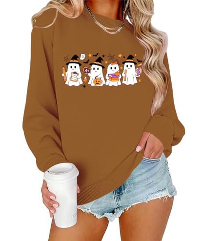 Teacher Halloween Sweatshirt Women Cute Ghost Reading Books Tops - color: B-brown, size: Medium
