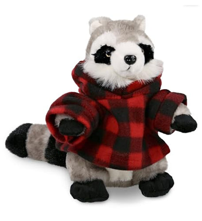 DolliBu Super Soft Raccoon Stuffed Animal with Plaid Red Hoodie Sweater and Personalization - Raccoon Plush Lumberjack Stuffed Toy with Plaid Jacket Dress Up for Christmas, Holiday, Winter - 9 Inches