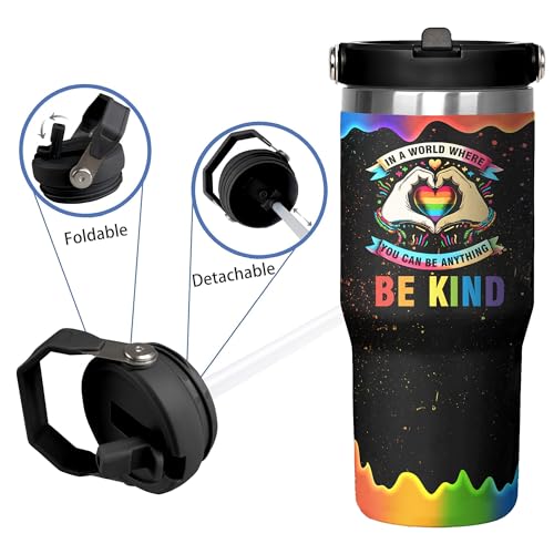 Rainbow Pride Flag Tumbler, Retro Be You Travel Mug, Gay Pride Cups Lesbian Gifts for Women Men, 30 Oz Stainless Steel Tumbler With Handle & Straw, LGBTQ Awareness Month Gifts - color: LGBTQ Awareness Tumbler-1