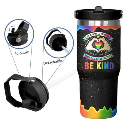 Rainbow Pride Flag Tumbler, Retro Be You Travel Mug, Gay Pride Cups Lesbian Gifts for Women Men, 30 Oz Stainless Steel Tumbler With Handle & Straw, LGBTQ Awareness Month Gifts - color: LGBTQ Awareness Tumbler-1