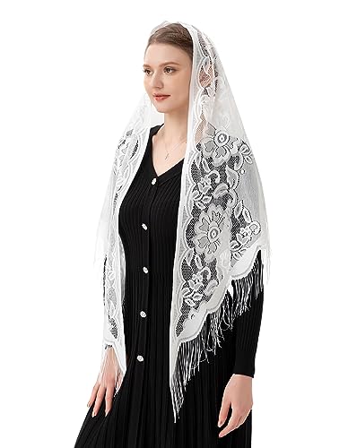 PAMOR Triangle Catholic Church Veil Chapel Veil Scarf Mantilla Veils Wrap Shawl Mass Head Covering with Fringe Trim - color: White