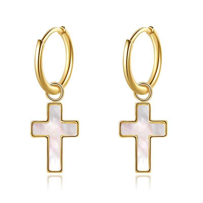 Natural White Sea Shell Long Pendant Earrings for Women Iridescent Elegant 18K Gold-Plated Titanium Steel Jewelry Minimalist & Unique - color: 4022-Gold