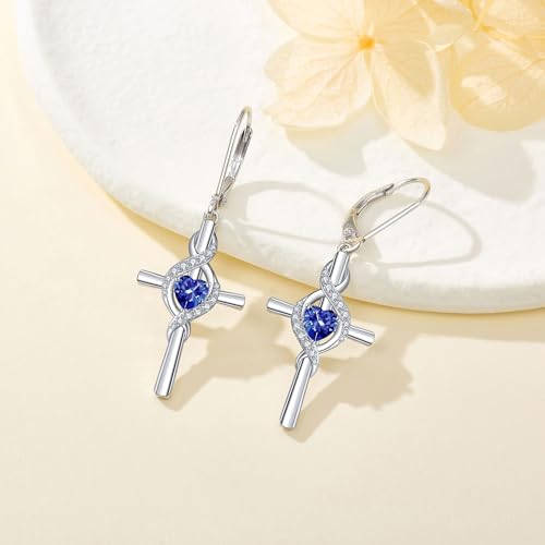ONEFINITY Cross Earrings for Women 925 Sterling Silver Cross Birthstone Dangle Drop Earrings Infinity Cross Religious Jewelry Gifts for Women - color: 09-Sept-Created Sapphire